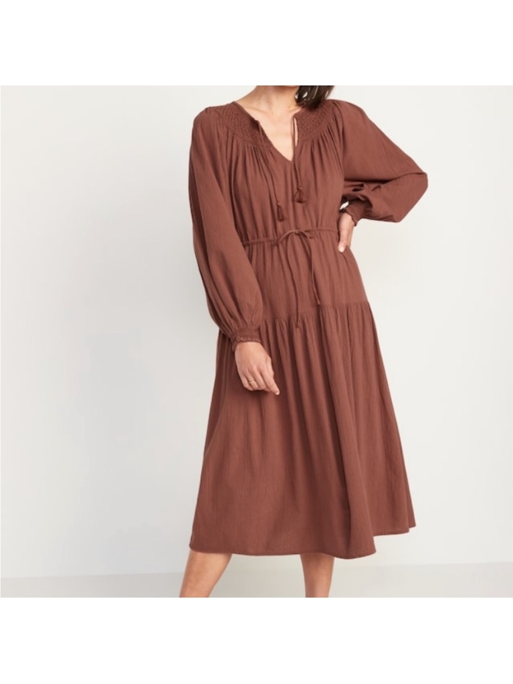 Old Navy Rust Brown Long-Sleeve drawstring waist crinkle Tiered Midi Dress